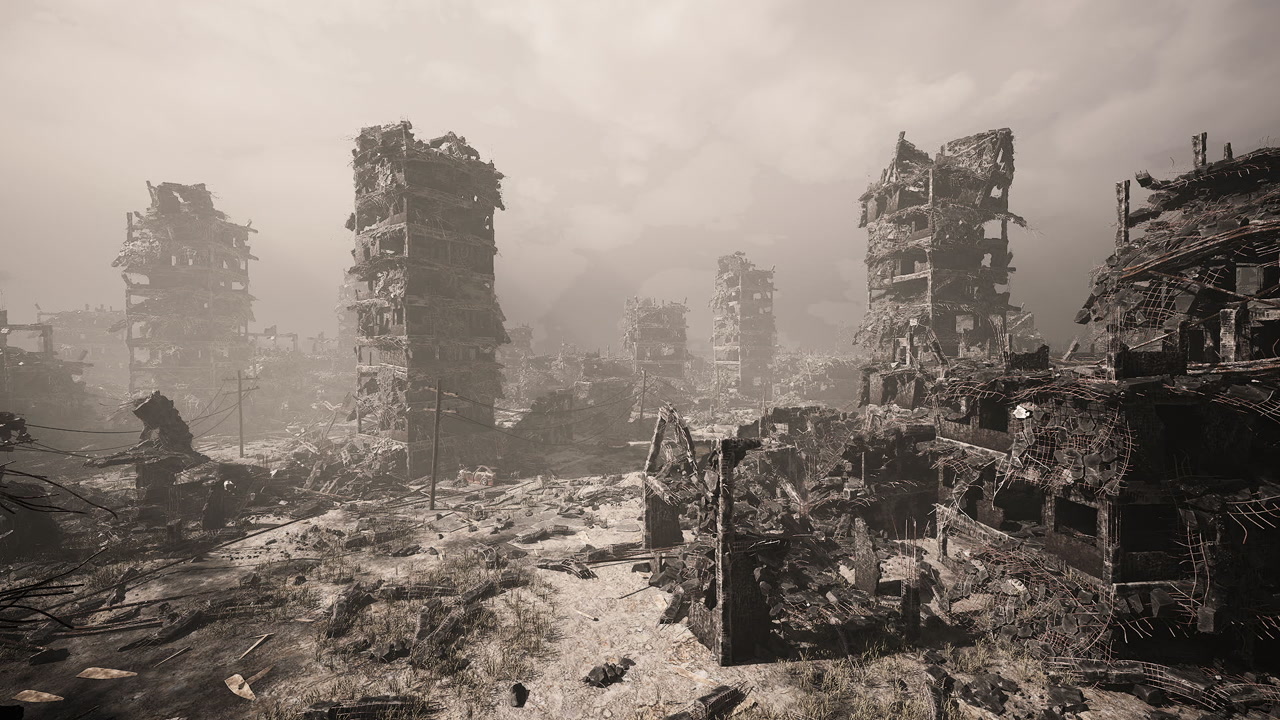 Individuals scavenging wreckage for valuable metals and gadgets during twilight