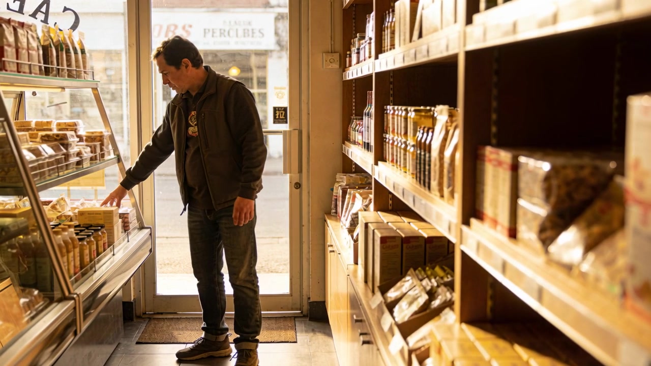Notando i dolci, un uomo in giacca scura si protende verso la vetrina all'ingresso della panetteria, acquistando degli articoli.