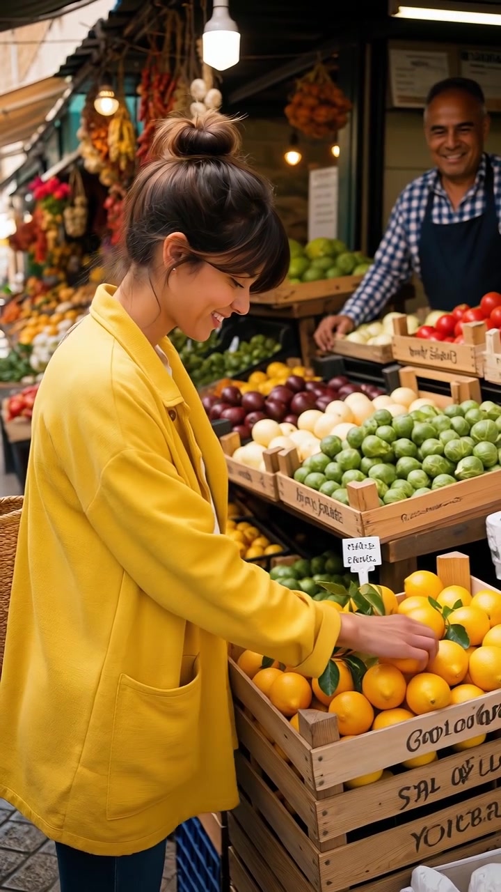 Jovem mulher com um casaco amarelo selecionando laranjas frescas em um mercado ao ar livre.