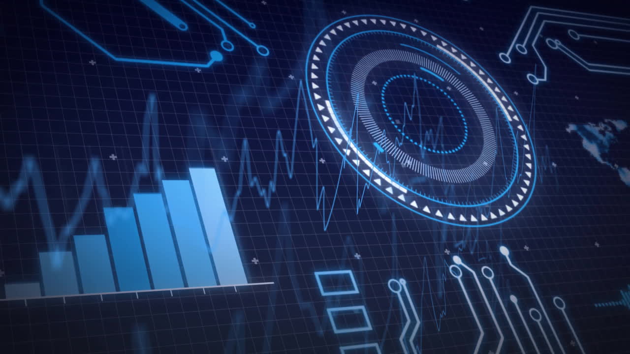 Animation of digital graphs and circuit patterns showing technology and data analysis