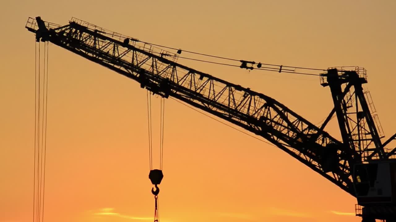 A large construction crane towers against an orange and yellow sunset. The sky is filled with colors as the day transitions to night, highlighting the crane's detailed structure.