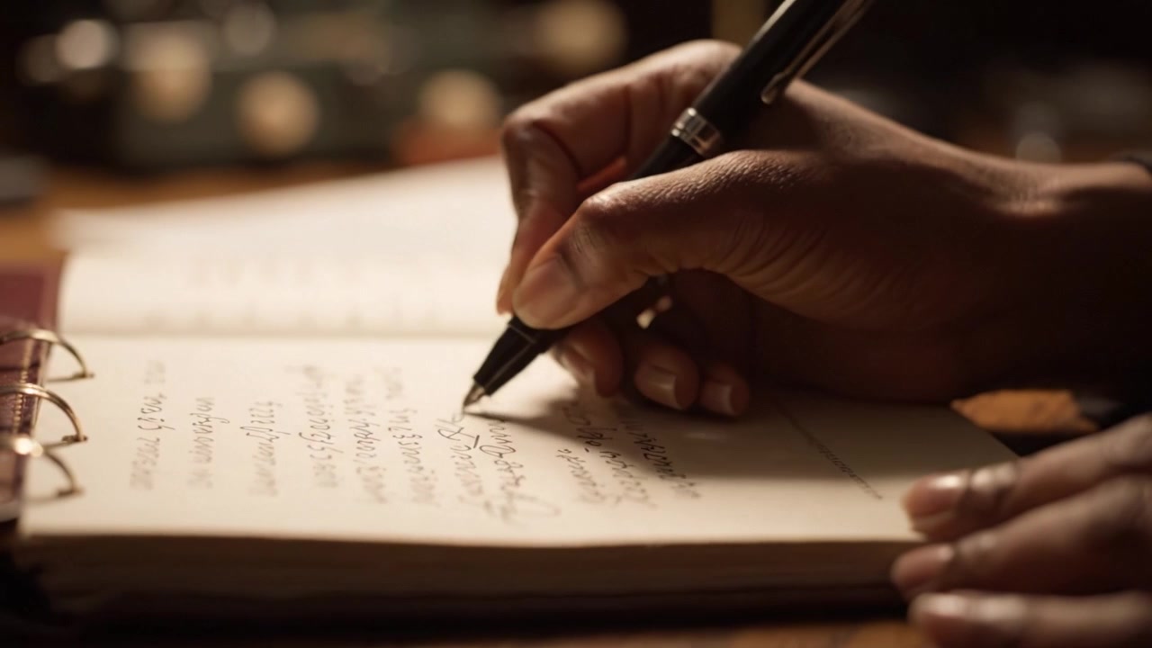 Capturing Thoughts: A Detailed View of Hands Writing in a Notebook, Featuring Pen on Paper Engaged in Creative Expression and Thoughtful Reflection