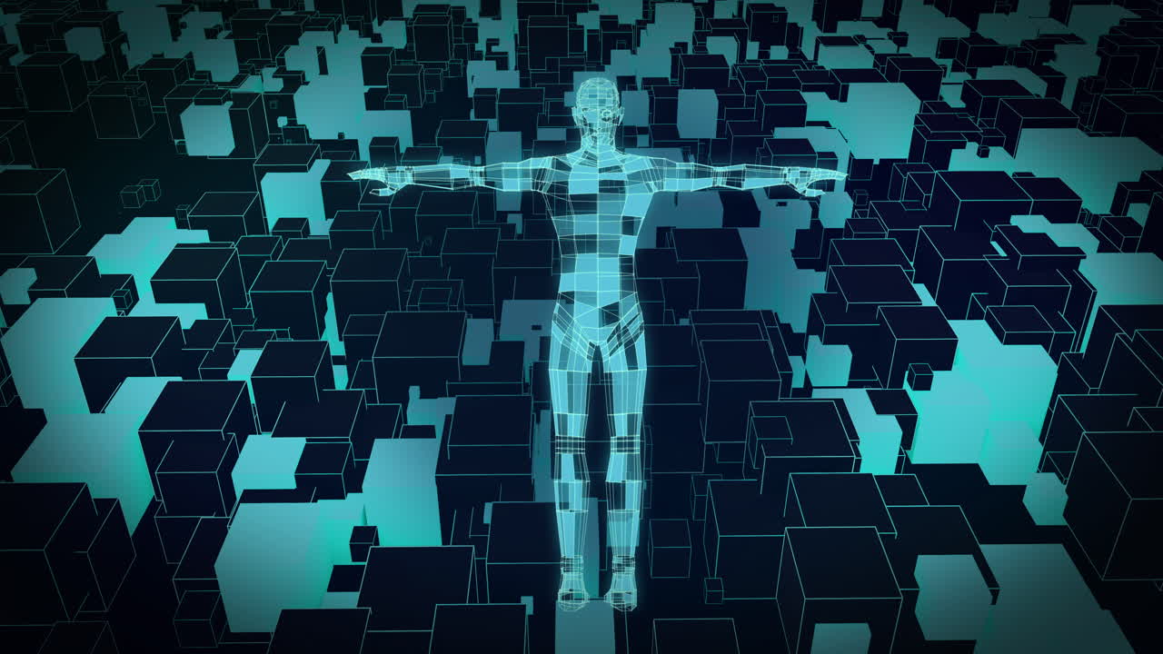 Animation of blue 3d cuboid body shape rotating over moving cubes