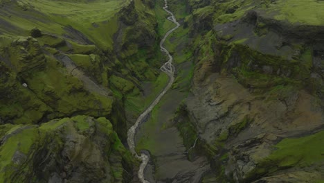 aerial view of a lush green canyon with a winding river