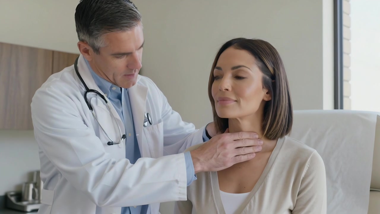 Dottore in camice con stetoscopio che palpa il collo del paziente in clinica per controllare la tiroide.