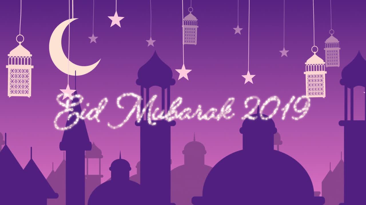 brillante felicitación de eid mubarak para 2019 con mezquitas y linternas con luna y estrellas