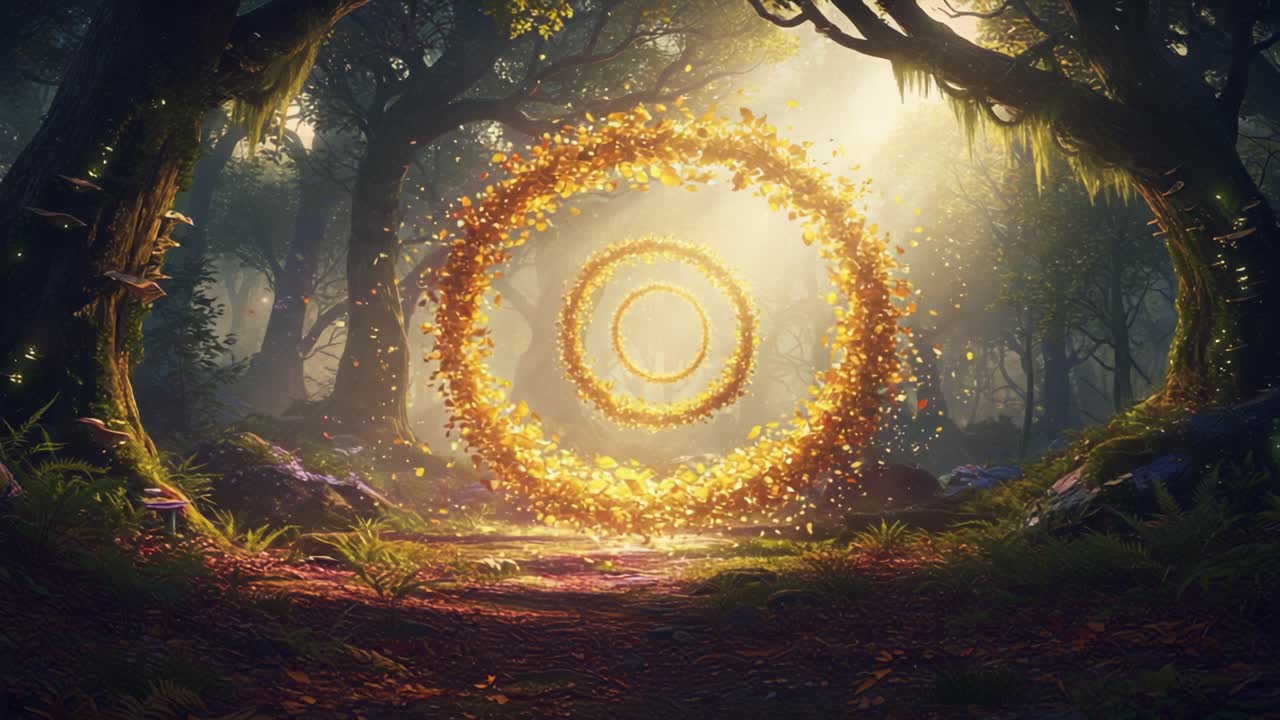 A Mystical Portal Surrounded by Lush Forests and Sparkling Leaves Illuminates the Enchanted Wilderness in a Dreamlike Landscape