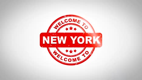 bienvenido a nueva york firmado texto de estampado animación de sello de madera. tinta roja en papel blanco limpio fondo de superficie con fondo mate verde incluido.