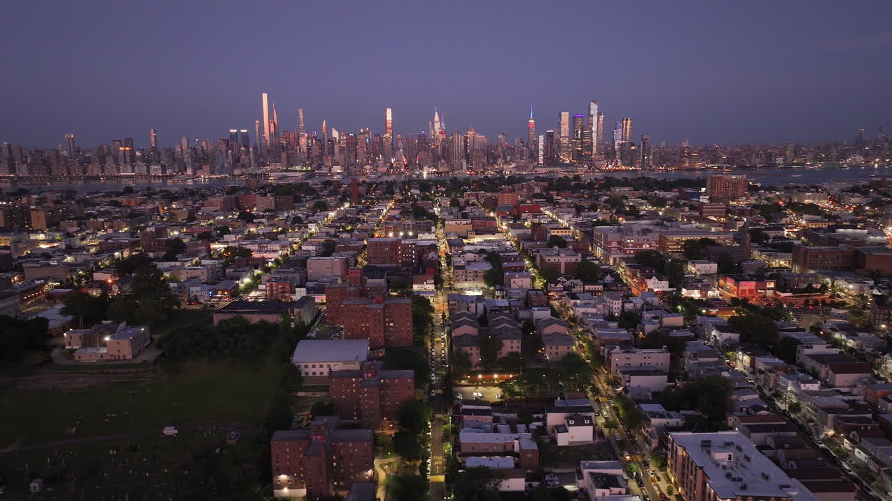 Aerial view of Midtown Manhattan at night. Shot in New Jersey