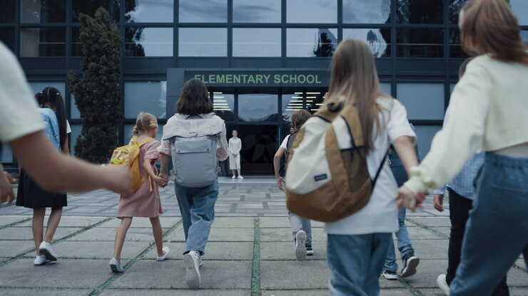 Diverse children going school with backpacks. Teachers welcoming teen students