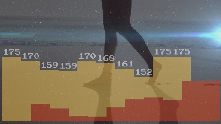 Walking over colorful bar graph, silhouette of person with animation in school