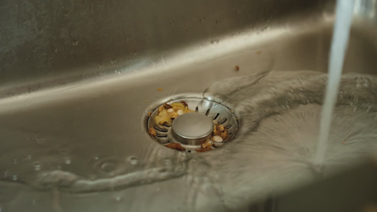 Nahaufnahme von Essensresten, die sich im Abfluss einer Küchenspüle bei laufendem Wasser sammeln.