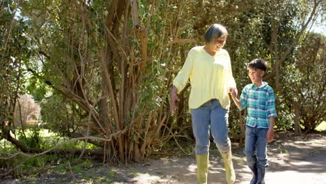 Glückliche-Biracial-Großmutter-Und-Enkel-Beim-Spaziergang-Im-Sonnigen-Garten,-Zeitlupe