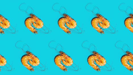 many tasty shrimps animated on a blue background.