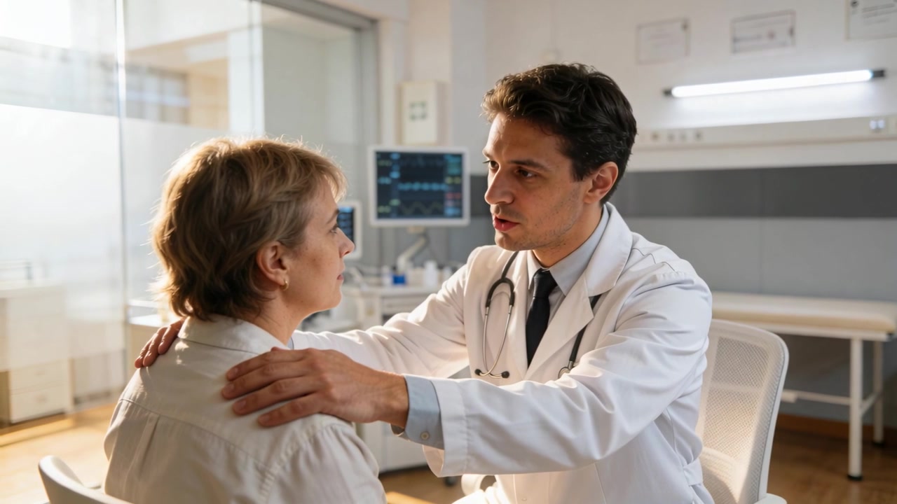 Mettendo le mani, medico che si china in avanti rassicurando il paziente in clinica, stetoscopio, camice bianco, camicetta