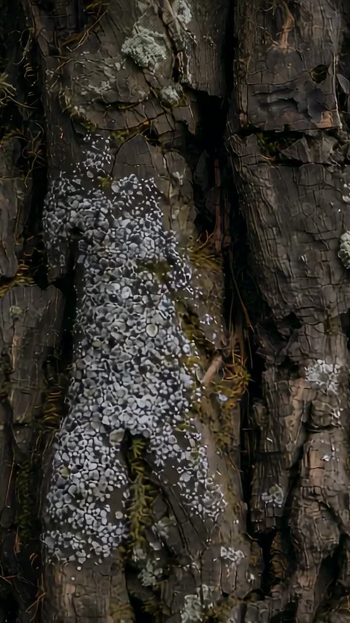 Video verticale: panning della camera con panoramica iniziale per rivelare licheni pallidi e muschio sulla corteccia di un albero nella foresta