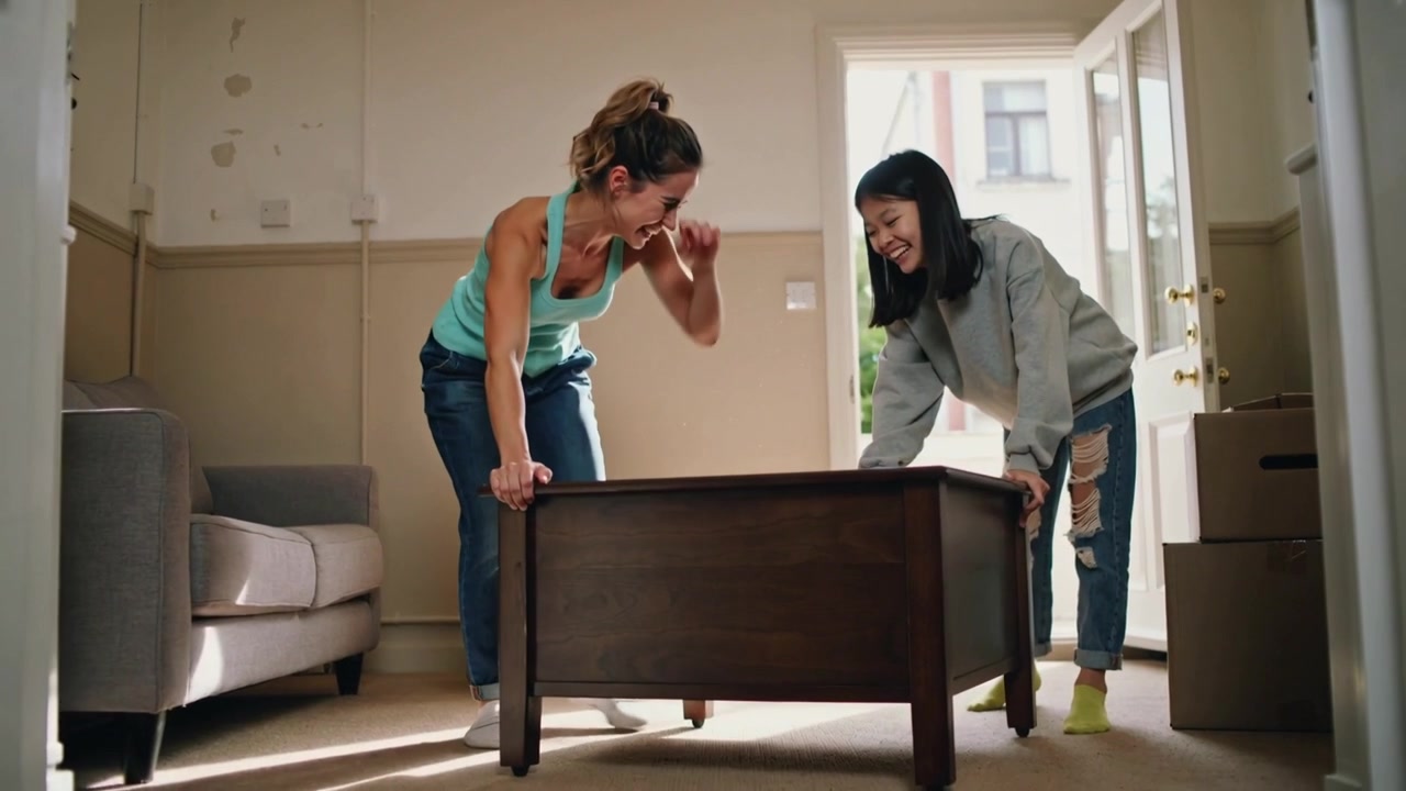 Carrying friends placing wooden-table through sunlit door home, teal-tank, with boxes, moving