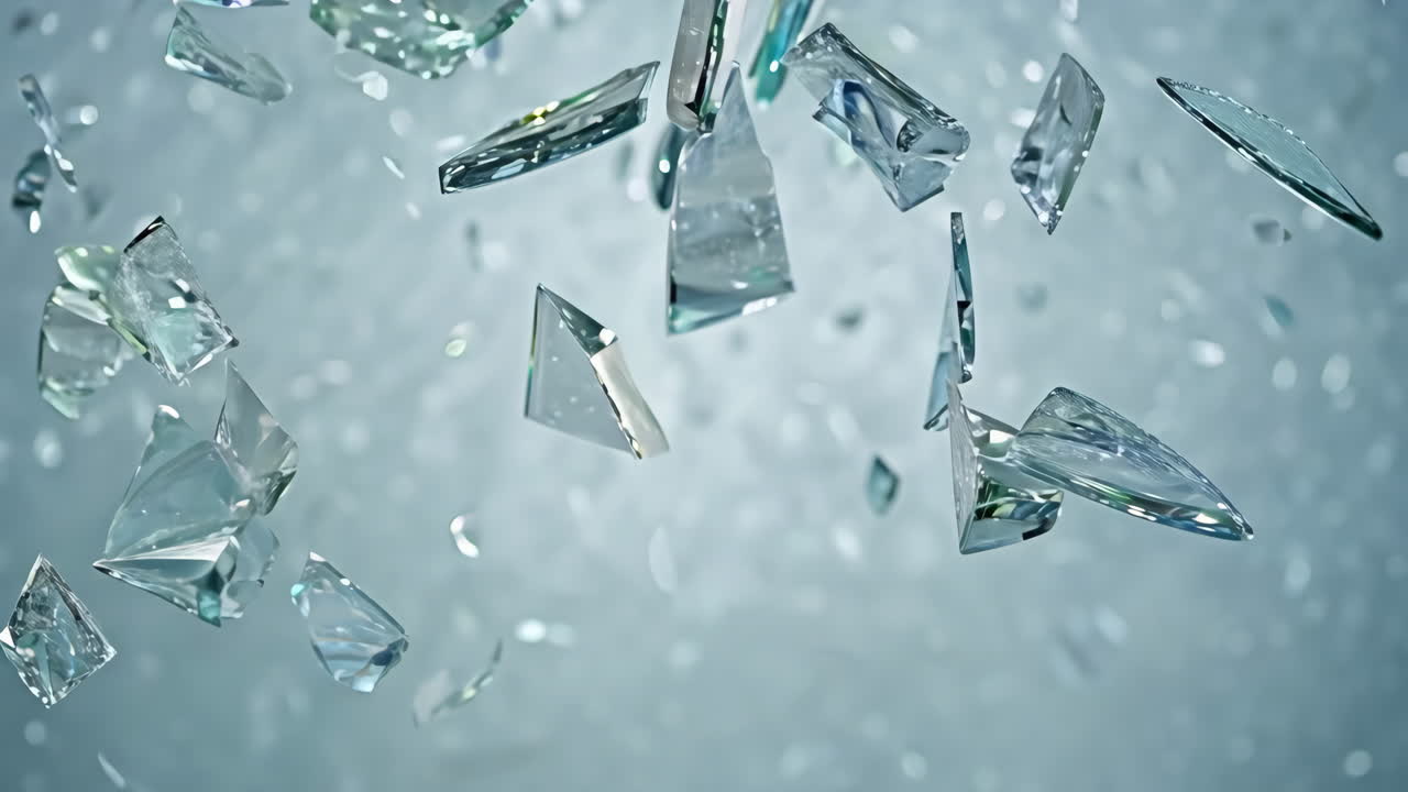 Shattered Glass Reflecting Light in a Blue Background. Fragments of glass float and sparkle against a soft blue backdrop, creating a dynamic, translucent visual effect.