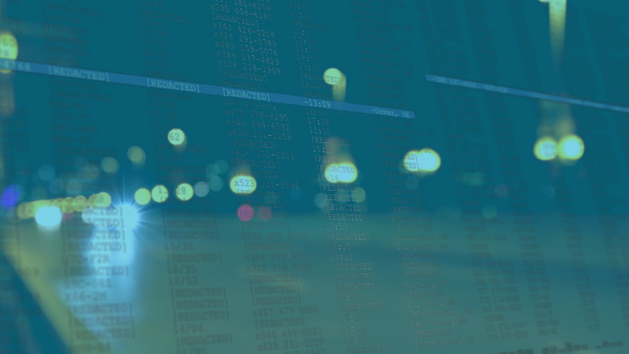 배경에서 밤에 보케 자동차와 거리 불빛에서 움직이는 디지털 정보의 애니메이션