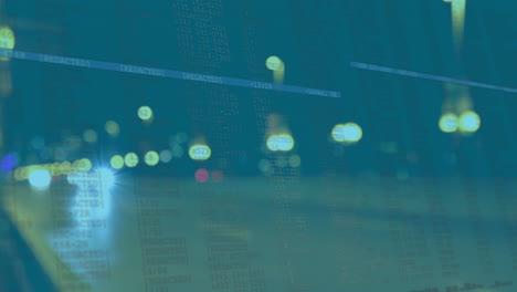animación de información digital que se mueve en el coche bokeh y las luces de la calle por la noche en segundo plano