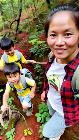 asian mother and two children hiking through a lush forest in springtime.