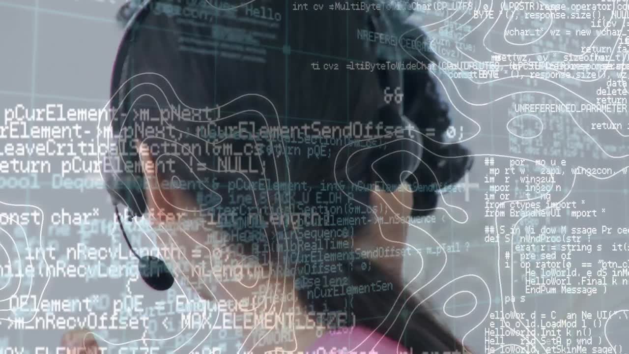 Animation of data processing and white lines over biracial businesswoman using phone headset