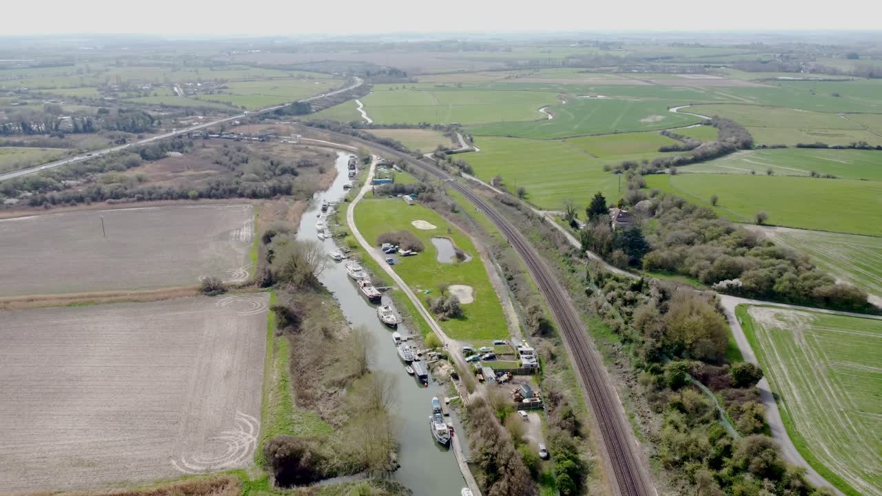 Aerial drone shot of boats in the River Stour in Kent, England.
