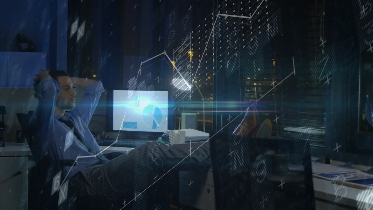 Man scanning financial charts grabbing java and sipping while data overlays animating desk thinking