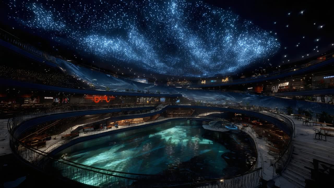 An Enchanting Night Scene Featuring a Sparkling Pool and Starlit Ceiling with a Breathtaking Starry Sky Enhancing the Ambience of the Luxurious Venue