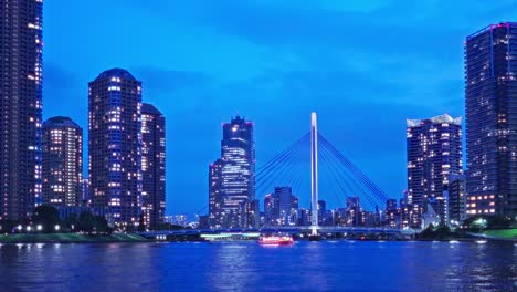 night light tokyo, tsukuda, toyosu skyscrapers and bridge the sumida river yakatabune, pleasure boat