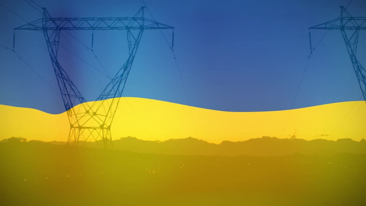 анимация флага украины над полевыми и электрическими столбами