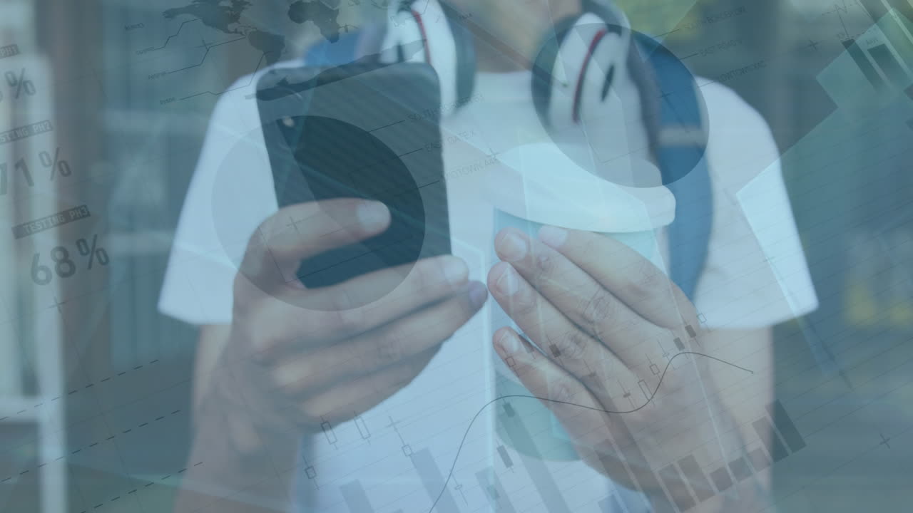 커피와 드폰을 들고 손을 들고 있는 두 인종의 남자의 인포그래픽 인터페이스 애니메이션