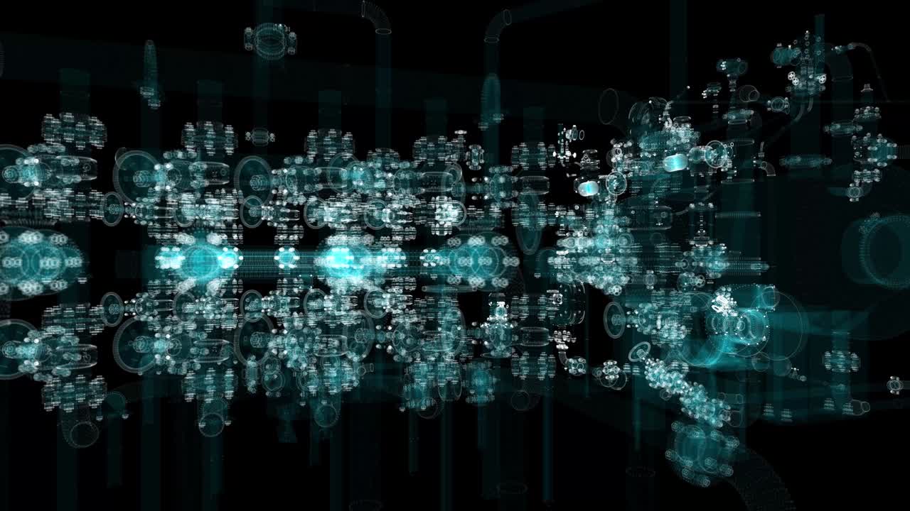 Industrial Technology Concept. Particle hologram industrial equipment, valves, pipes and sensors