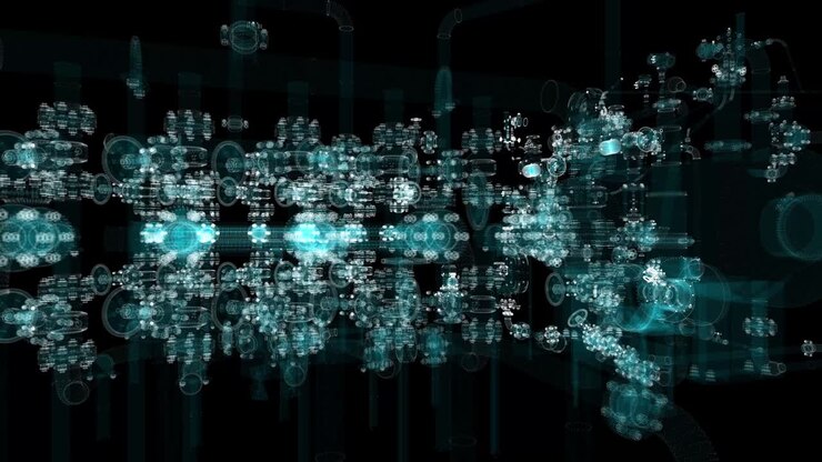 Industrial Technology Concept. Particle hologram industrial equipment, valves, pipes and sensors