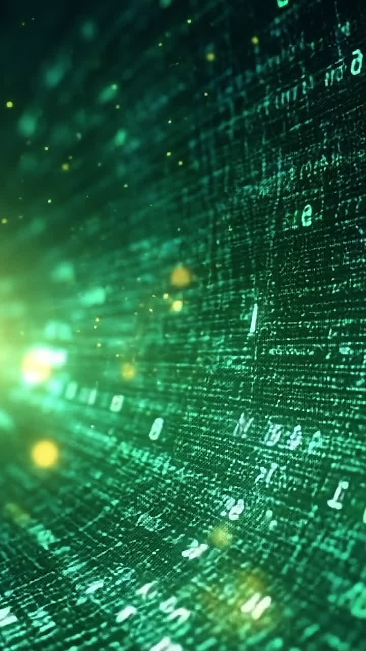 Digital data streams flow through space. Bright green binary code streams across a dark background, creating a mesmerizing effect as it illuminates the space.