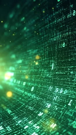 Digital data streams flow through space. Bright green binary code streams across a dark background, creating a mesmerizing effect as it illuminates the space.