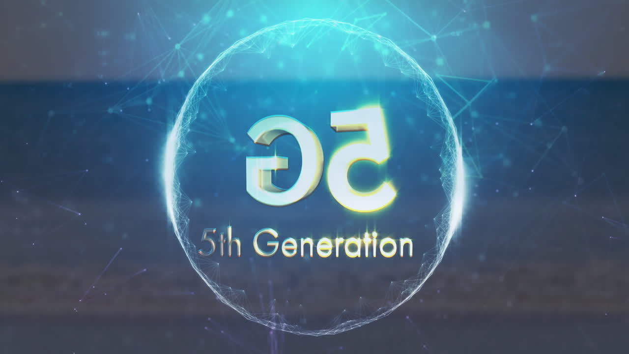 Digital animation of 5G text with network connections in blue sphere