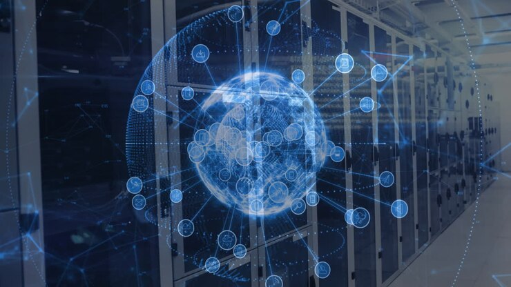 Digital network globe animation over servers in modern data center