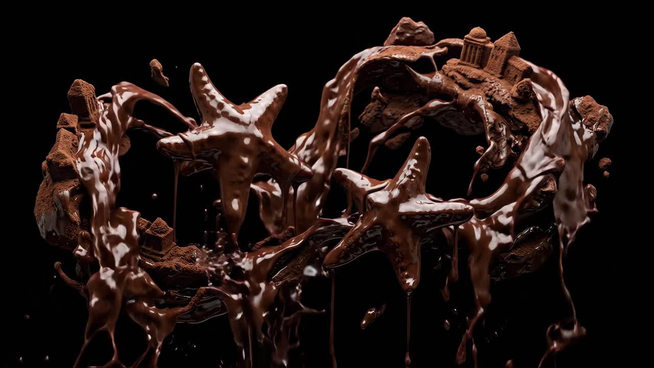 Chocolate Rico Gotejando Sobre Estrelas-do-Mar e Esculturas Comestíveis