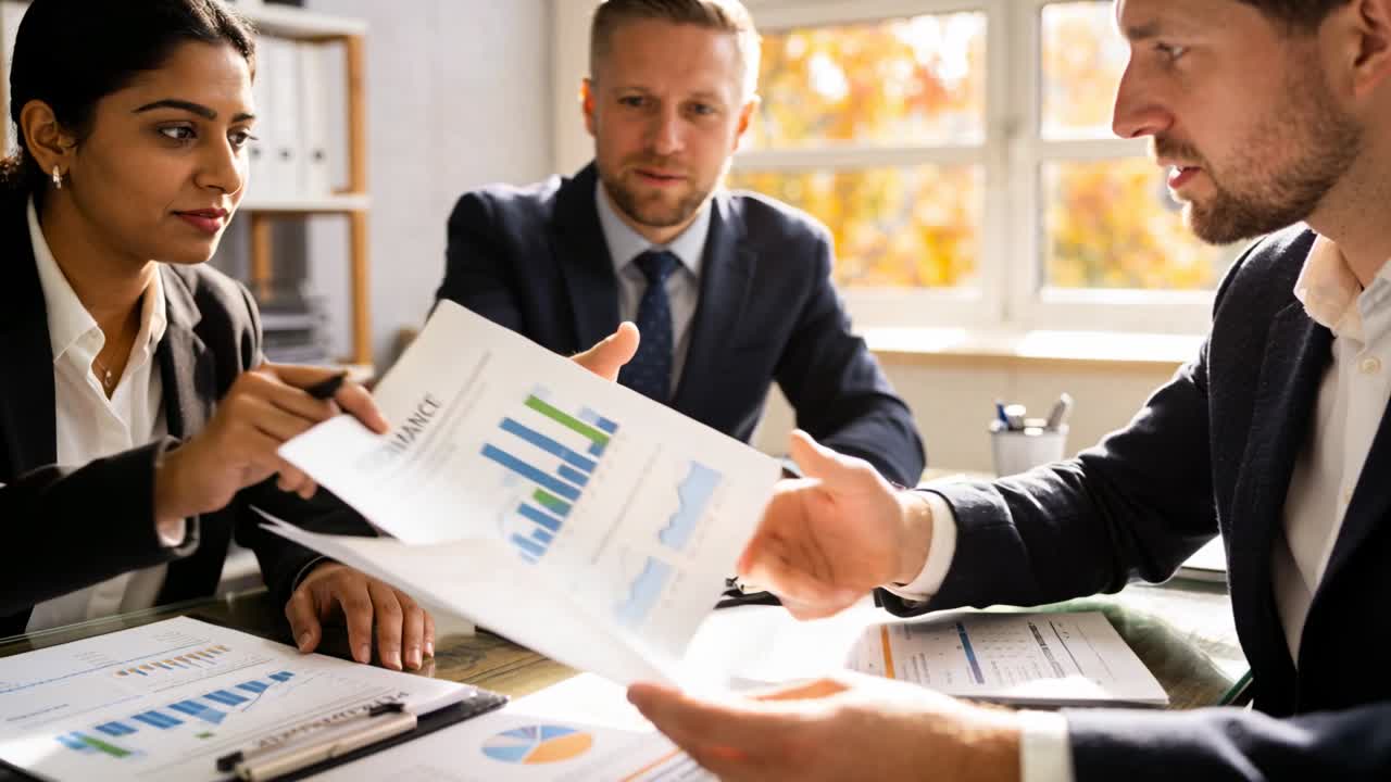 Right man handing performance sheet, three in suits reviewing charts at table assessing results