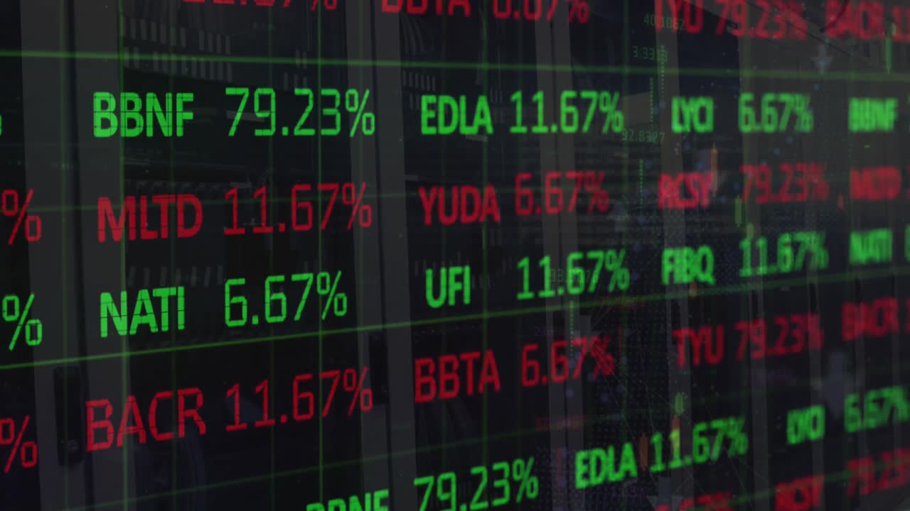 Animazione di elaborazione di dati finanziari e di borsa su una sala server di computer