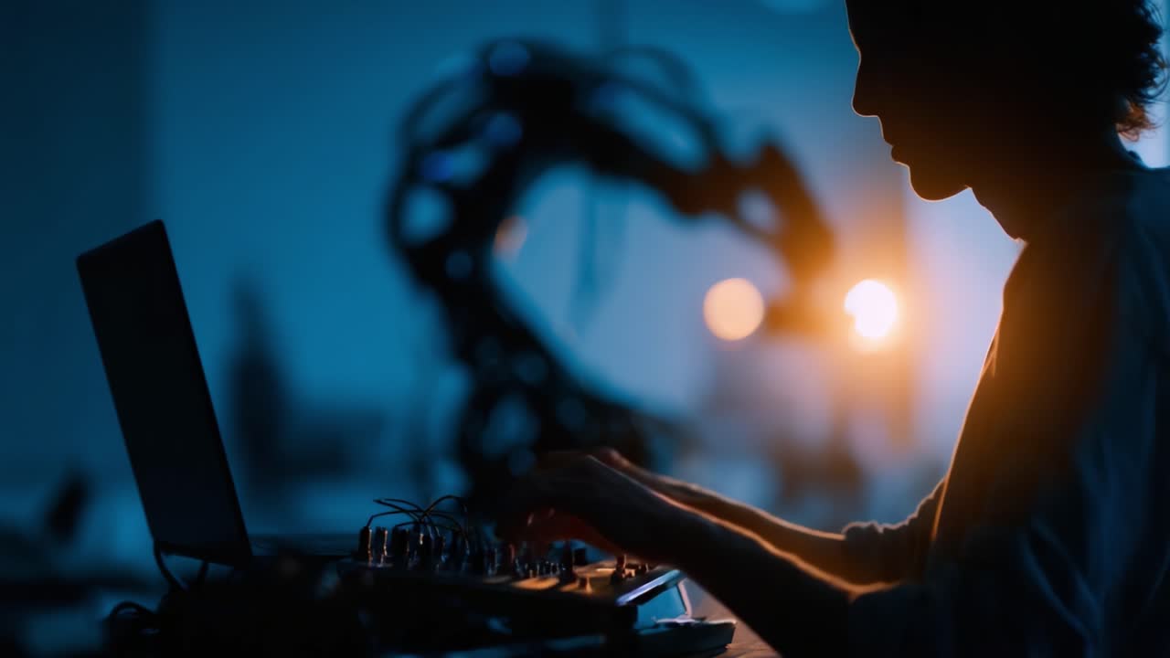 A silhouetted figure interacts with technology, surrounded by ambient light and robotic elements, showcasing the fusion of art and innovation through music and motion