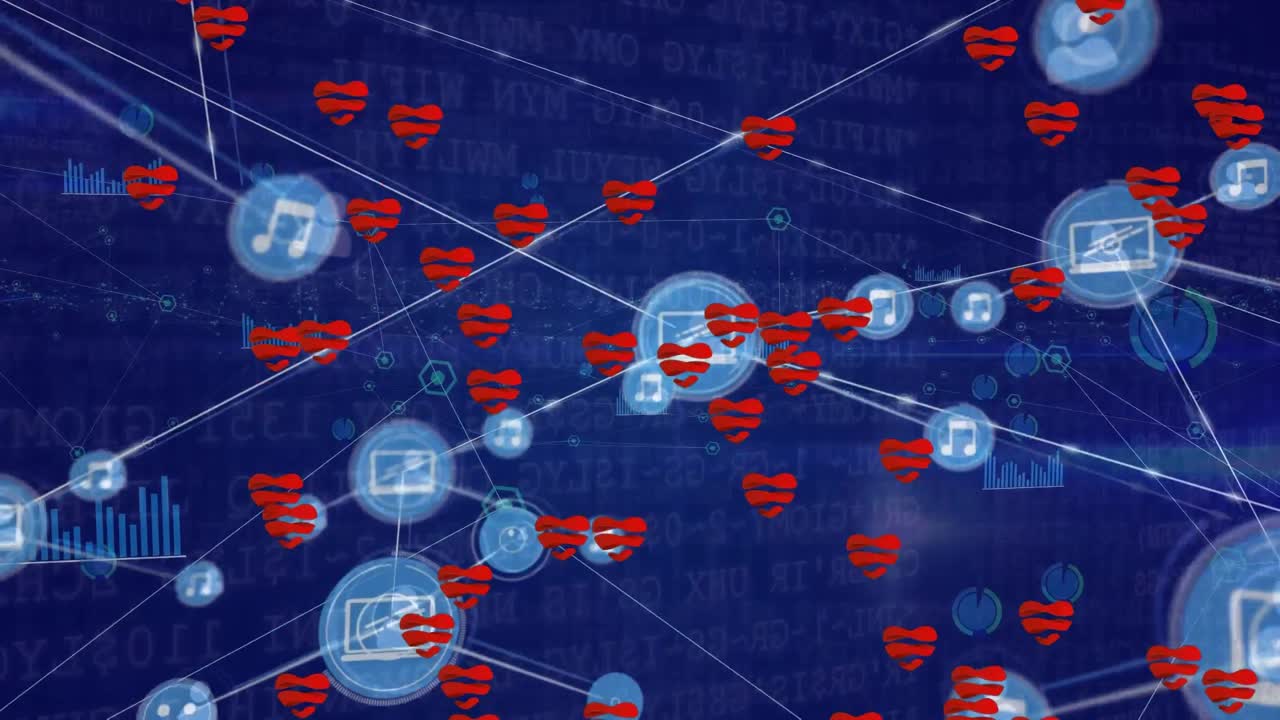 animación de corazones rojos y red de conexiones con iconos