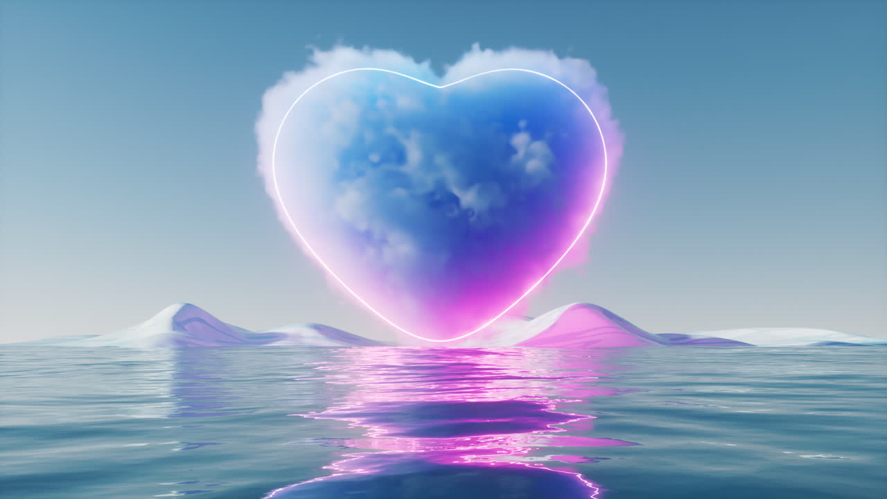 심장 모양의 구름과 반이는 네온 선, 3d 렌더링