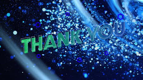 animation of thank you text banner over blue glowing light spots and trails against black background