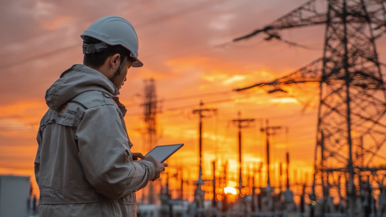 Ingeniero con Equipo de Seguridad Usando Tableta en Central Eléctrica Contra un Cielo Vibrante al Atardecer Destaca la Intersección entre Tecnología e Infraestructura Energética