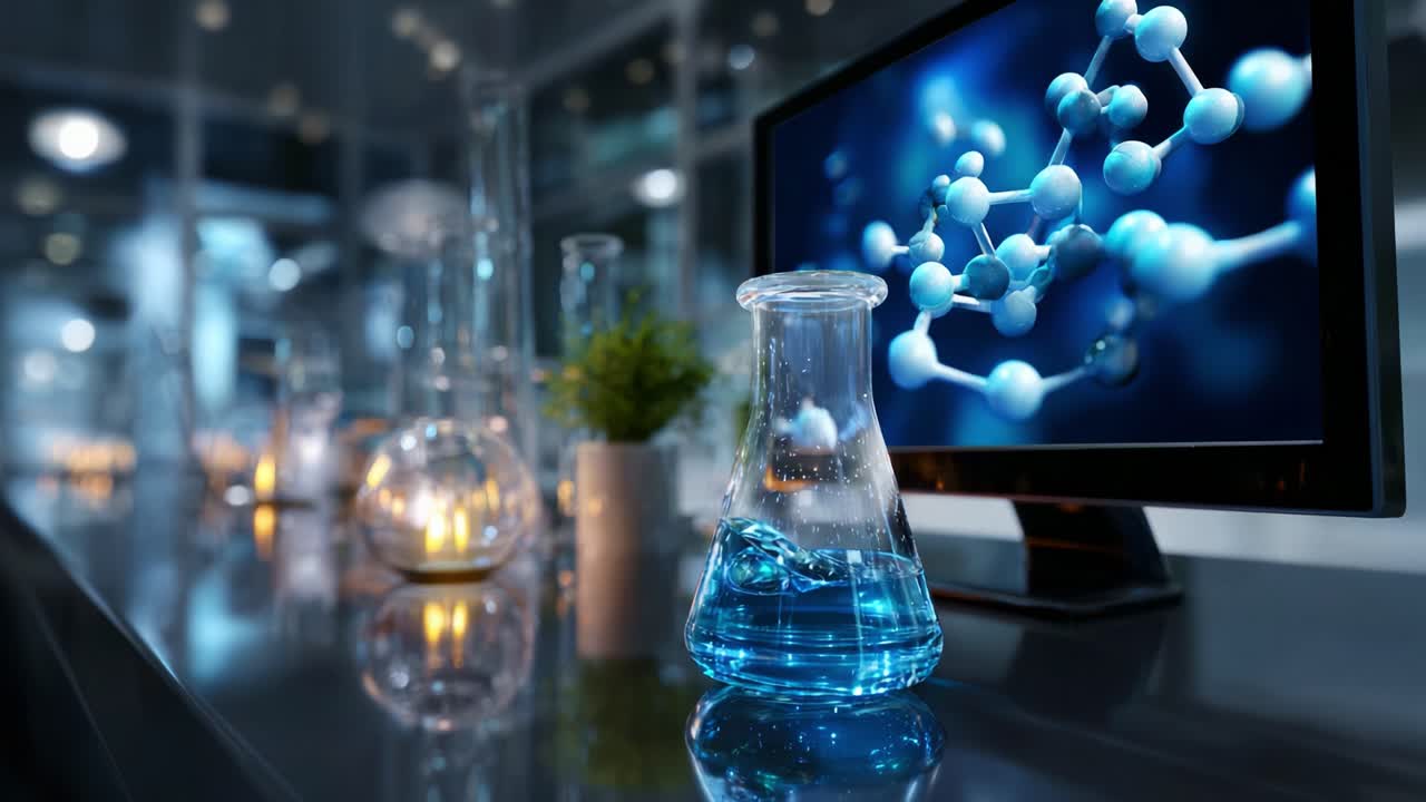 A captivating laboratory scene showcasing a blue laboratory flask filled with liquid, the background featuring a computer monitor displaying intricate molecular structures set in a modern, illuminated workspace