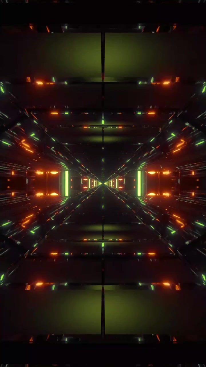 Volare attraverso un tunnel digitale futuristico con luci al neon