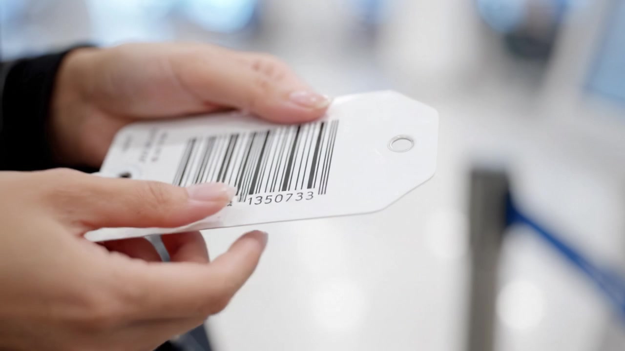 Close-up of Hands Holding a Price Tag with Barcode in Retail Setting, Featuring a Tag That Includes a Scannable Code and Price Information.