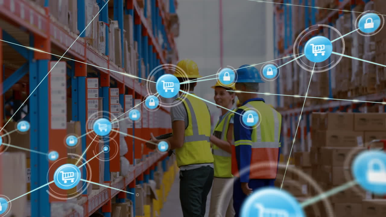 animación de la red de conexiones sobre los hombres que trabajan en el almacén